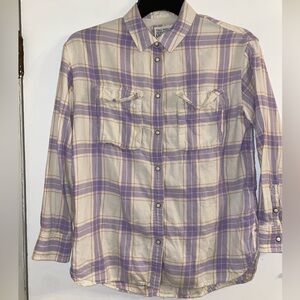 American Eagle 70s Womens Lavender Plaid Flannel XS Pearl Snap Long Sleeve Shirt